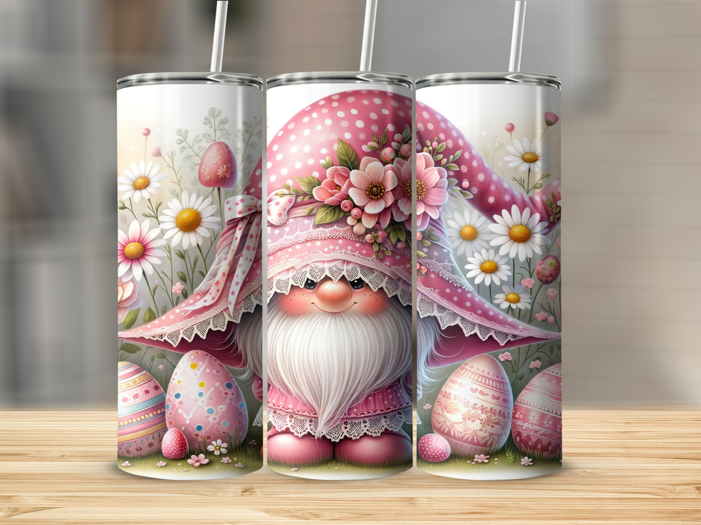 Pink gnome with flower hat and Easter eggs on a wooden surface.