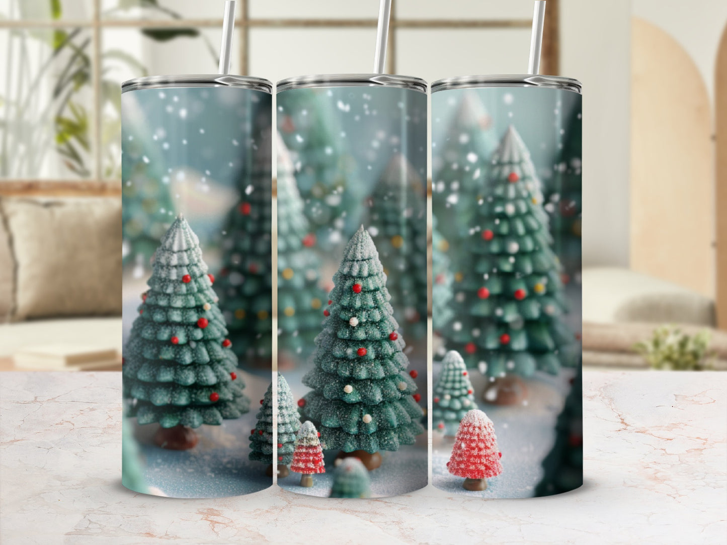 Three tumblers featuring a snowy forest of miniature evergreen trees.