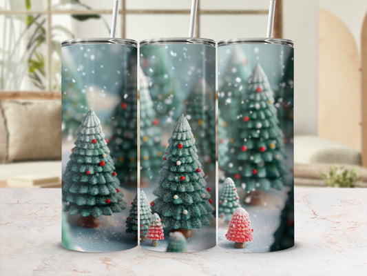 Three tumblers featuring a snowy forest of miniature evergreen trees.