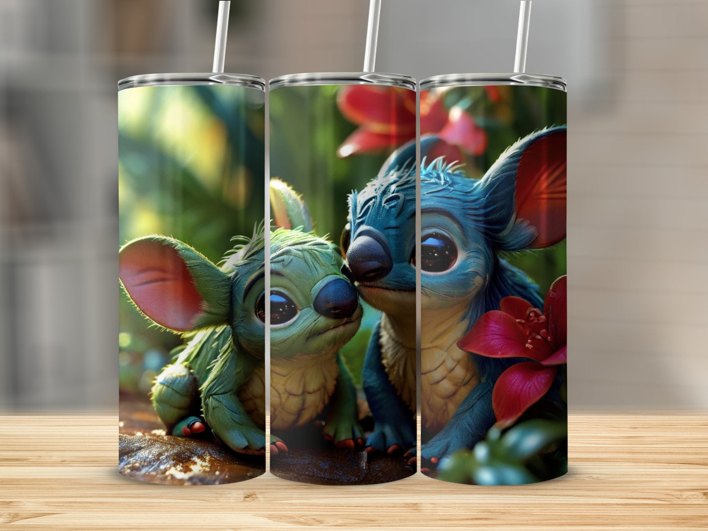 Two Stitch characters, one green and one blue, cuddle amongst lush green foliage.