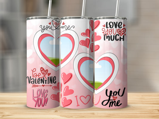 Three Valentine's Day tumblers with hearts and text: "you and me," "love you so much," and "be mine valentine."