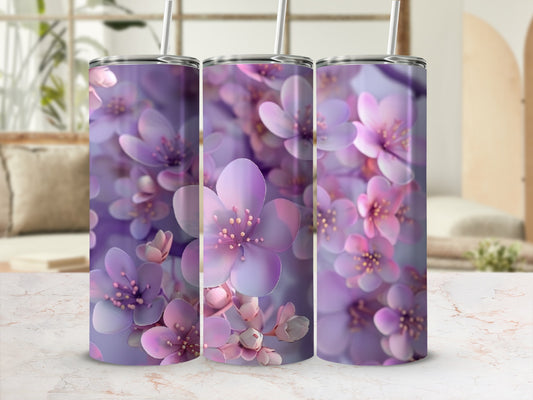 Three tumblers with a floral pattern of purple and pink blossoms.