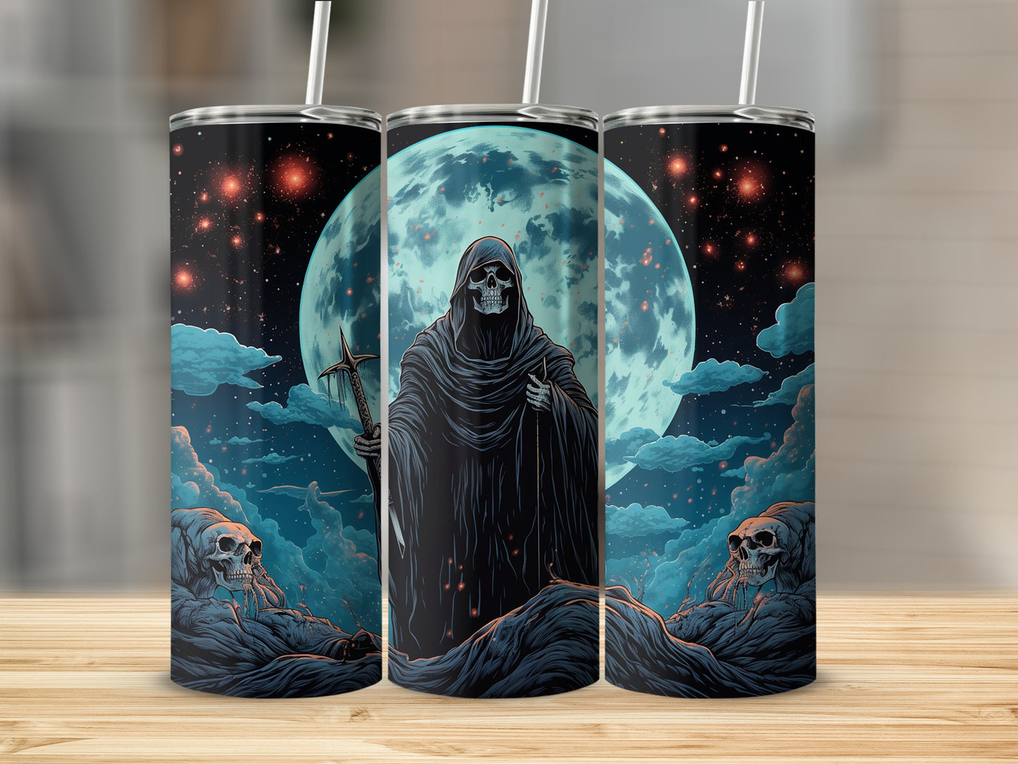 Grim Reaper Full Moon Skull Tumbler Cup Artwork