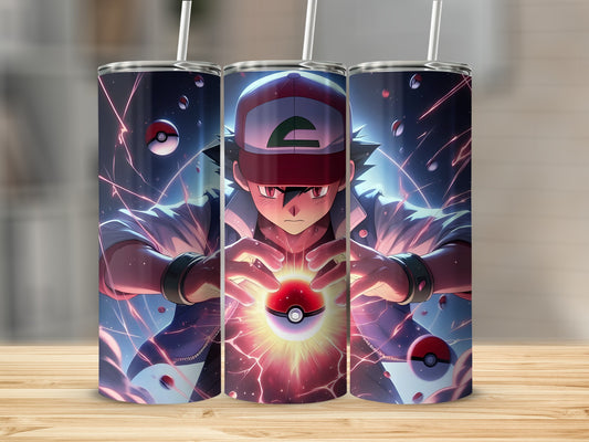 Anime Character Holding Glowing Pokeball Tumbler
