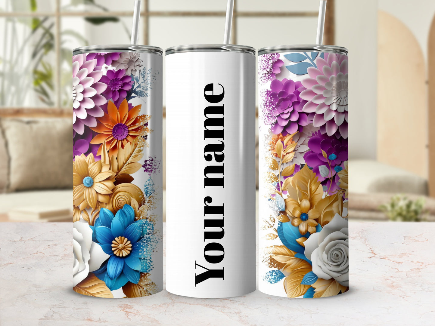 Custom Floral Design Personalized Tumbler Cup