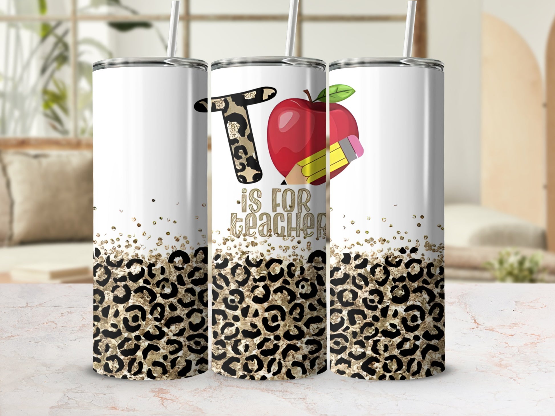 Teacher tumbler with leopard print, apple, and pencil graphic.