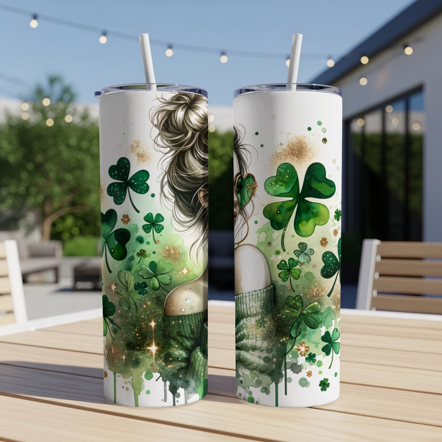 Two tumblers with a woman and shamrocks in a park setting.