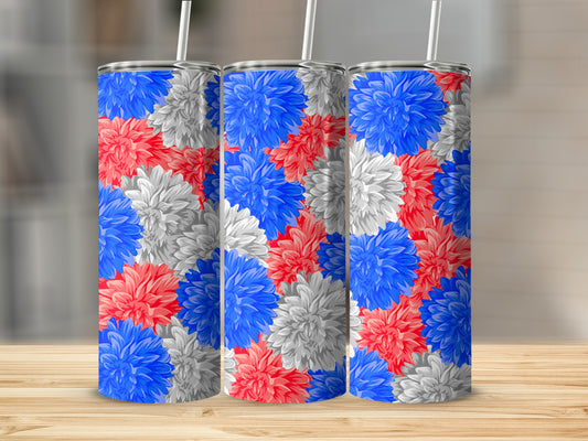 Three tall tumblers with red, white, and blue floral pattern.
