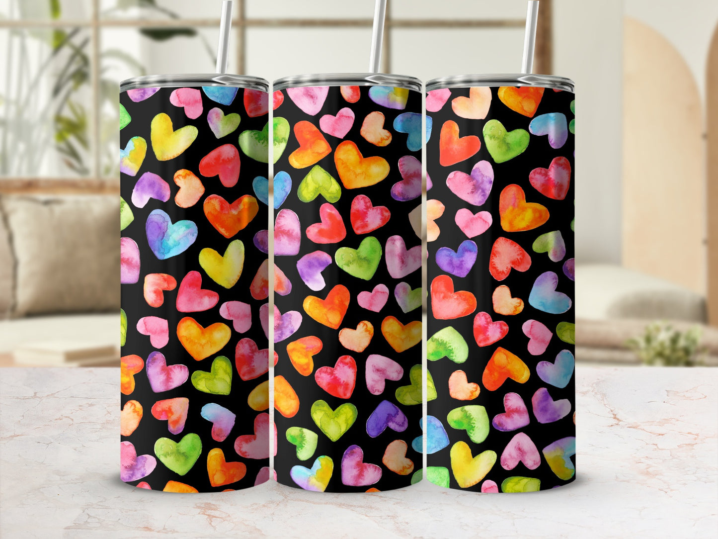 Colorful Hearts Patterned Skinny Tumbler