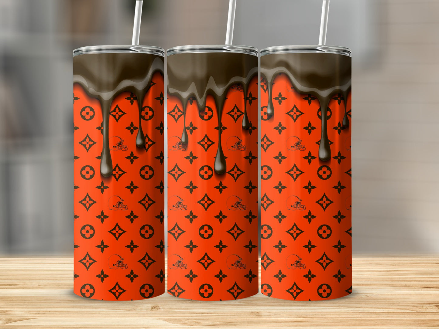 Orange Black LV Helmets Drips Style Pattern Tumblers