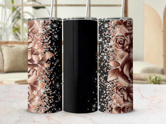 Black tumbler with rose gold floral and glitter accents.