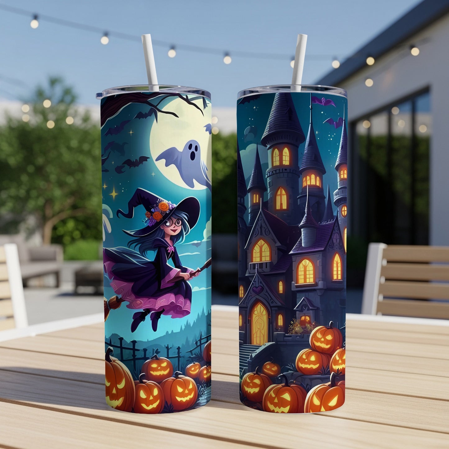 Two tumblers with Halloween designs: witch flying by ghost, and haunted castle with pumpkins.