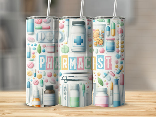 Three tumblers featuring pill-themed designs and the word "PHARMACIST".