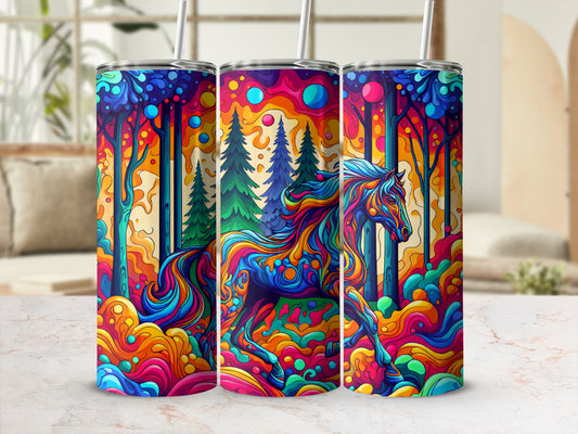 Colorful abstract horse running through a vibrant, psychedelic forest.