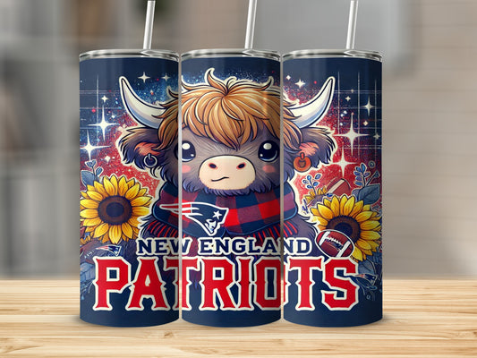 New England Patriots tumbler featuring a cartoon bull wearing a scarf and helmet.