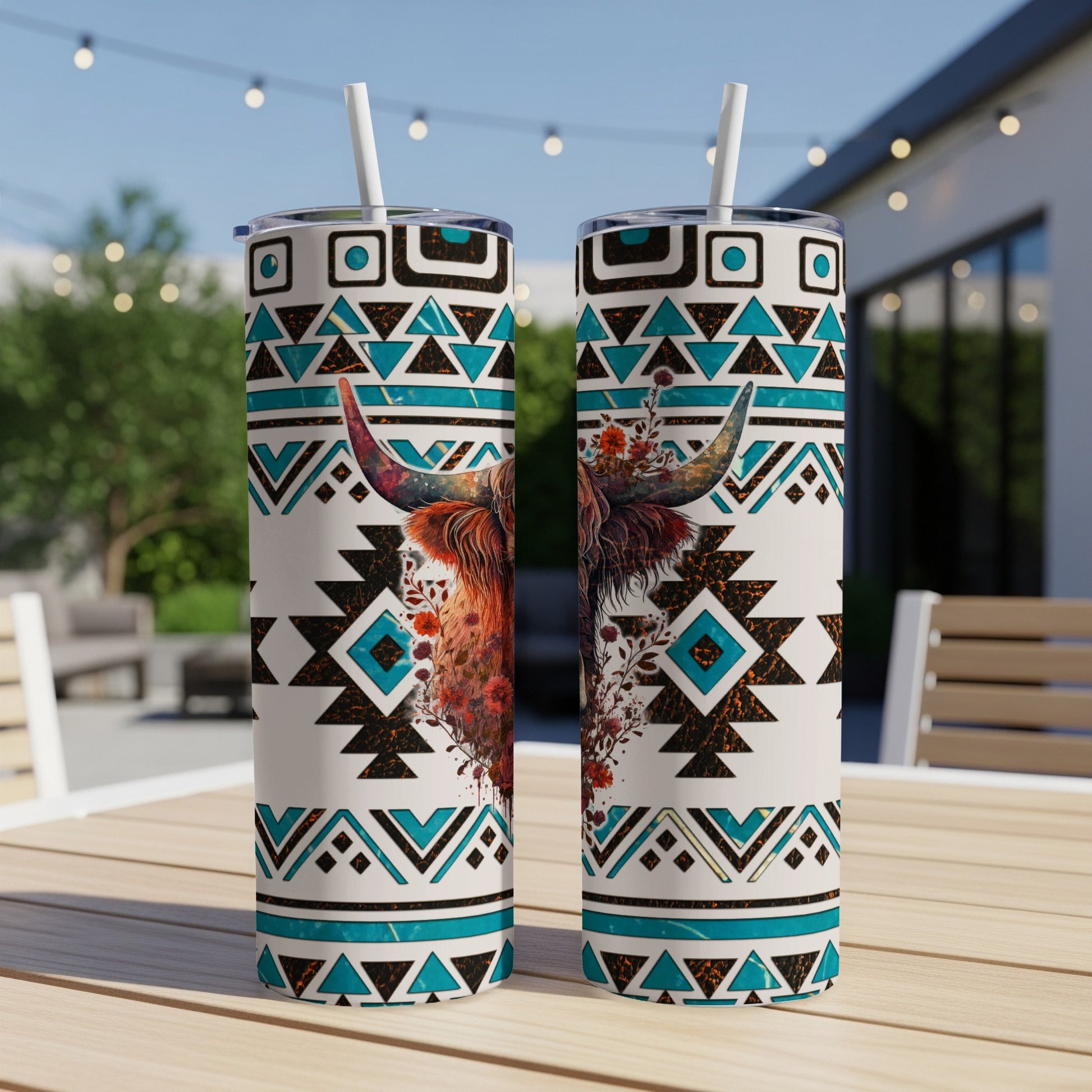 Two tall tumblers with a Highland cow and geometric Southwest pattern.