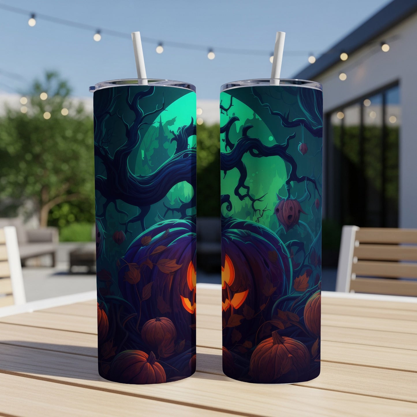 Two tumblers with a spooky Halloween forest scene featuring jack-o'-lanterns.