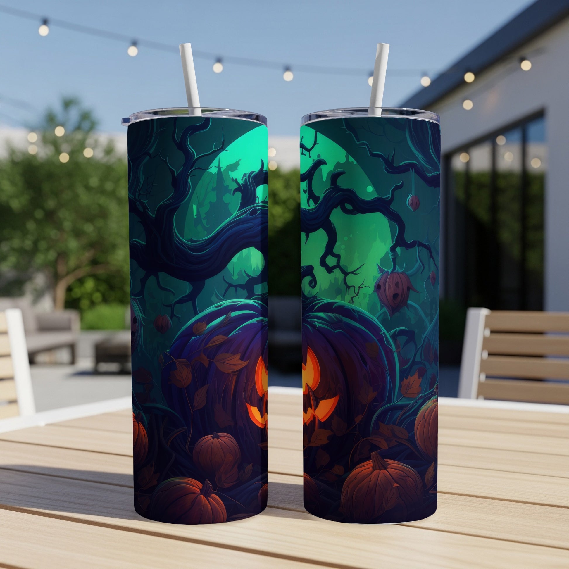 Two tumblers with a spooky Halloween forest scene featuring jack-o'-lanterns.