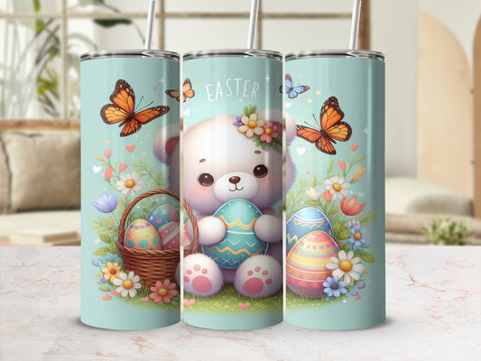 Cute teddy bear with Easter eggs and butterflies on a pastel background.