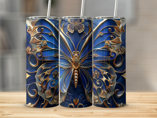 Three tumblers with a blue and gold butterfly design.
