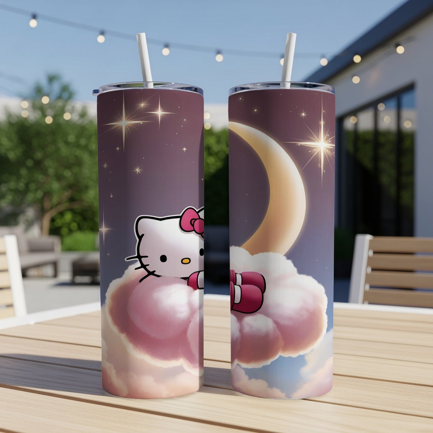Hello Kitty on clouds with moon and stars.