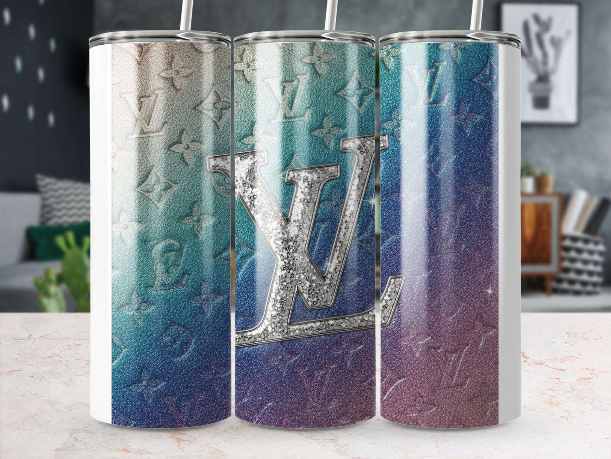 Gradient Sparkle Designer Monogram Travel Mug Tumbler