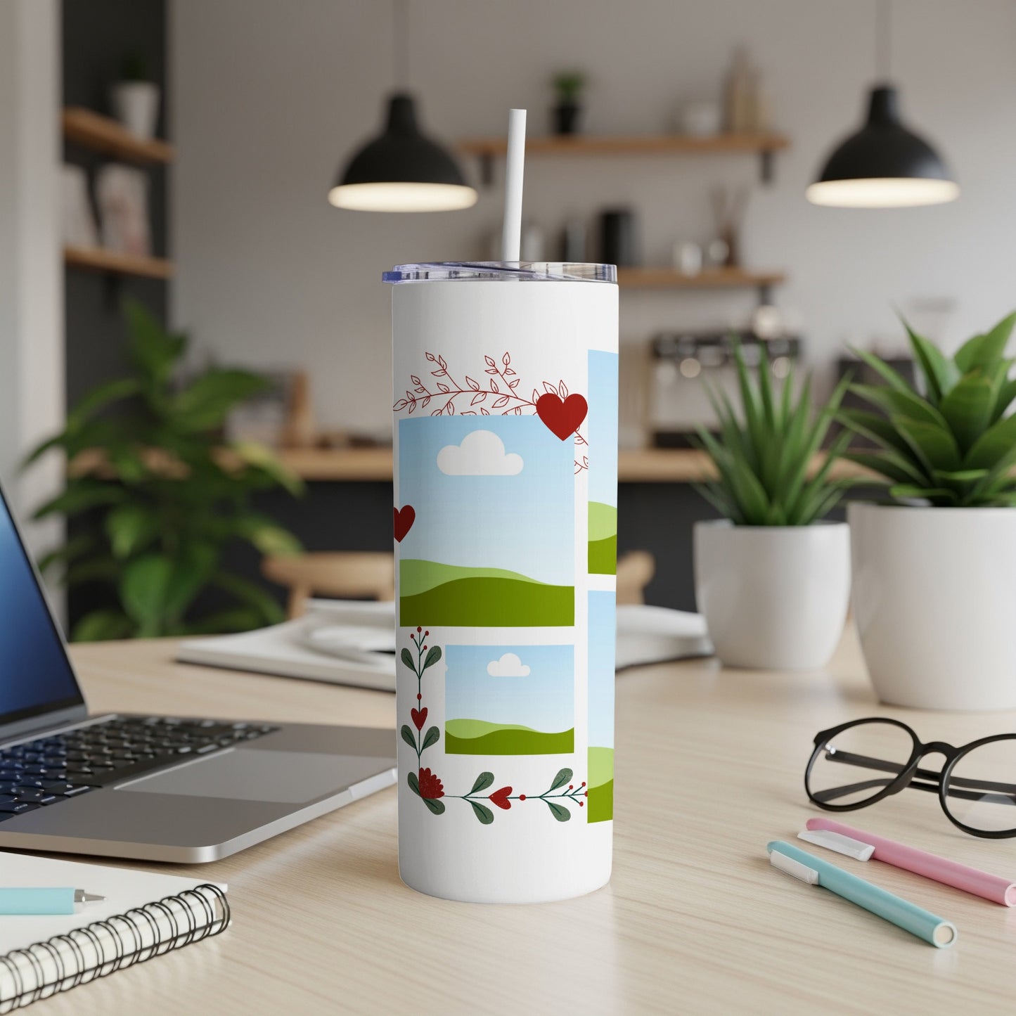 White tumbler with heart and vine design, featuring photo placeholders.