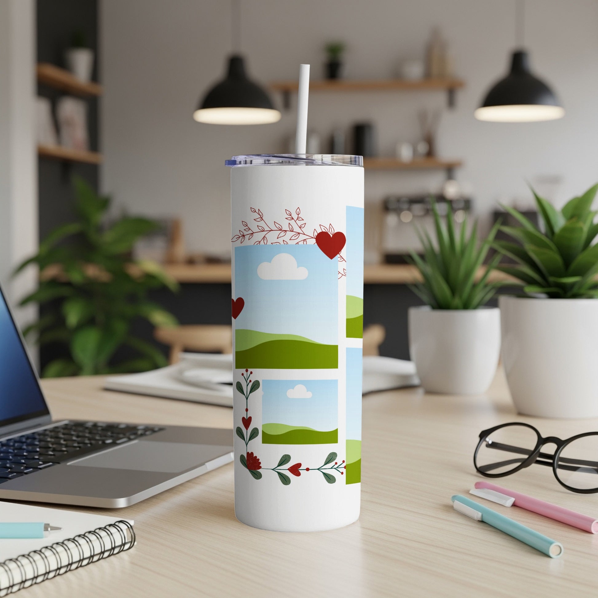 White tumbler with heart and vine design, featuring photo placeholders.