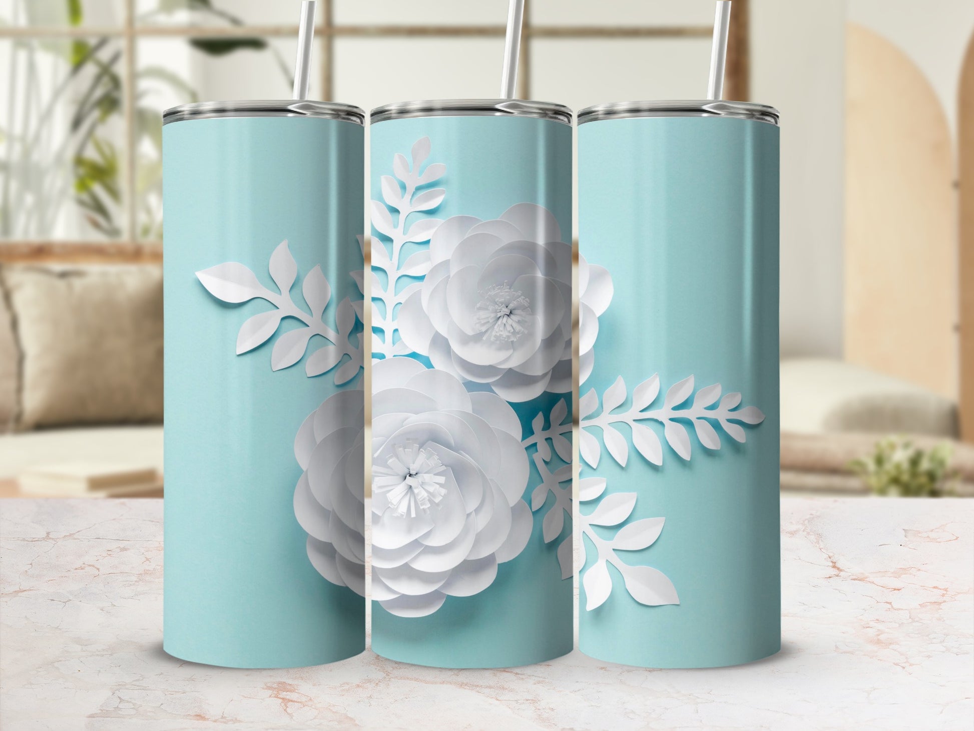 Floral Design Light Blue Tumbler with White Flowers