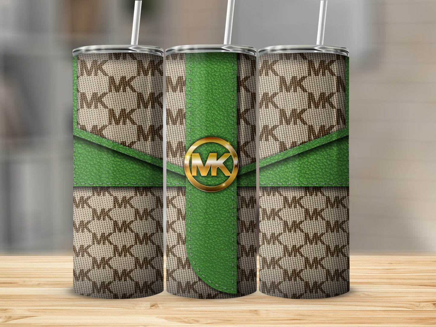 Stylish Green and Beige Patterned MK Tumbler Cup