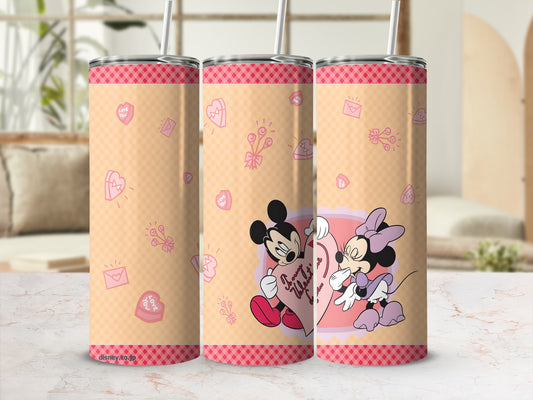 Disney Mickey and Minnie Mouse Valentine's Day tumbler with hearts and envelopes.