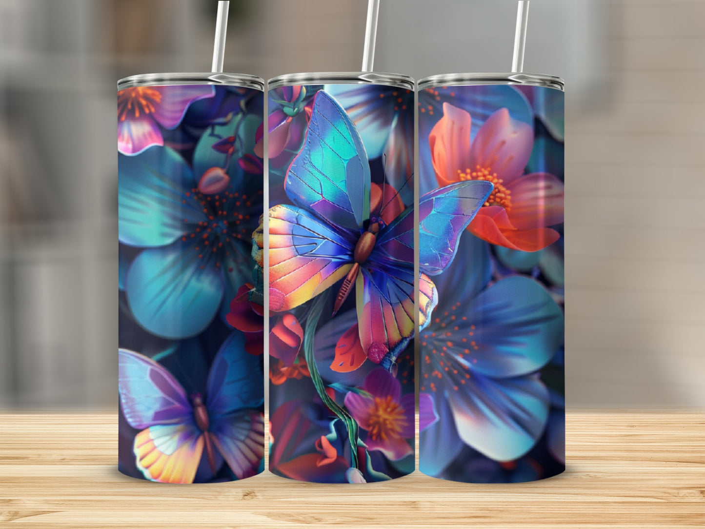 Three tumblers with a vibrant butterfly and floral design.