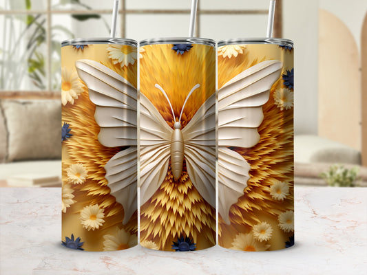 Three tumblers with a white butterfly on a yellow floral background.