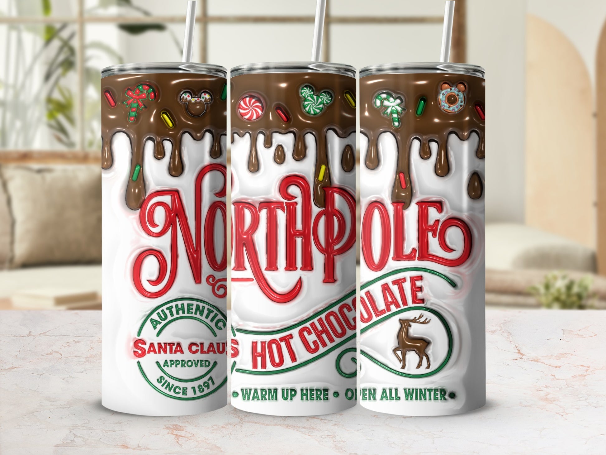 North Pole Hot Chocolate Tumbler with Straw for Winter