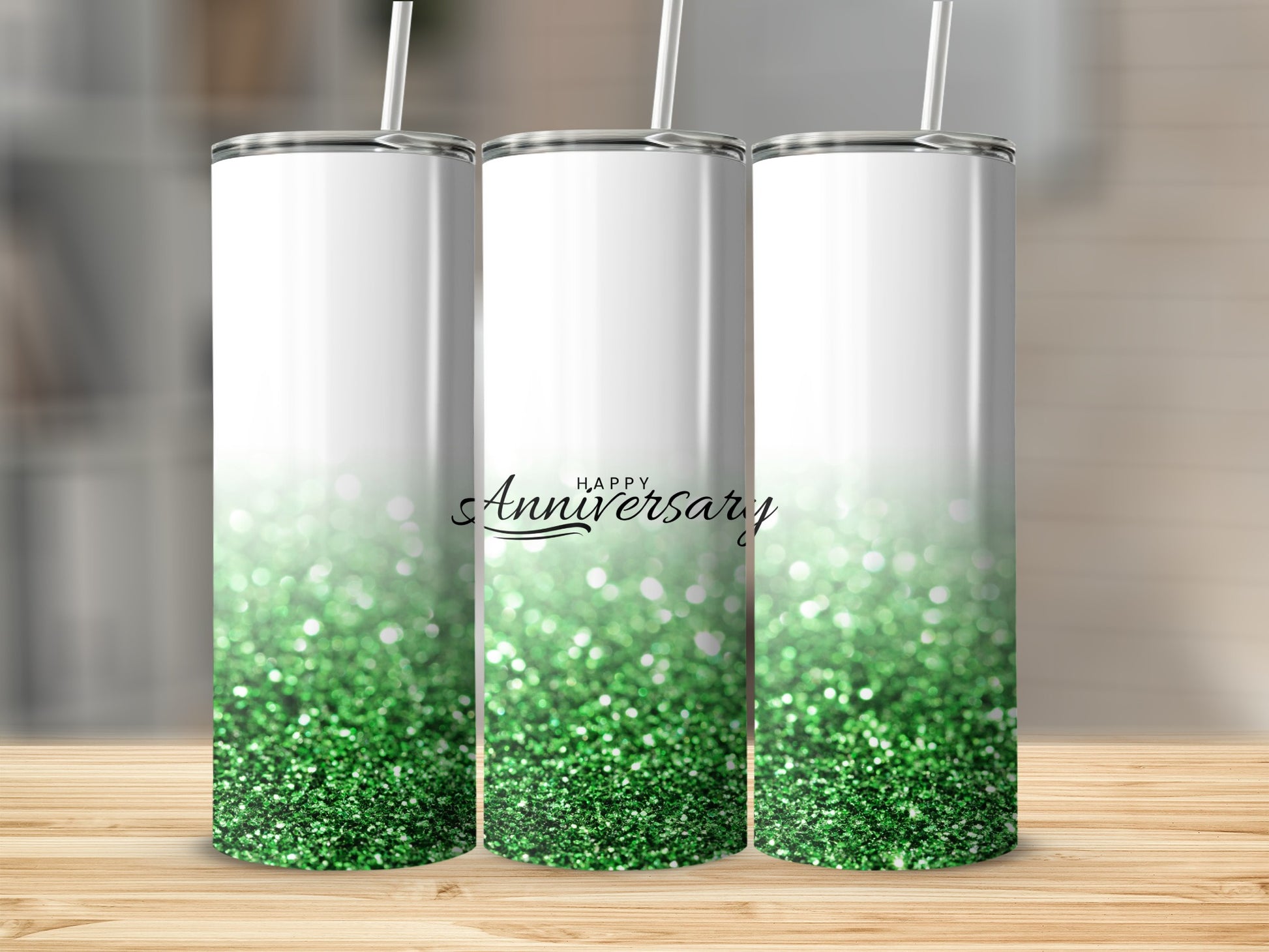 Three tumblers with green glitter gradient and "Happy Anniversary" text.