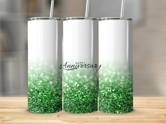 Three tumblers with green glitter gradient and "Happy Anniversary" text.