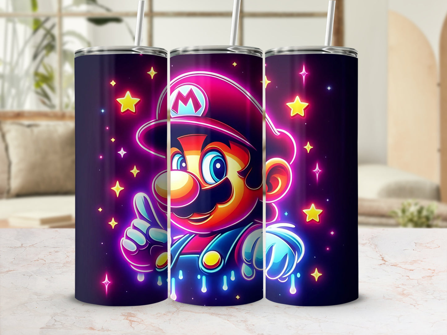 Neon Cartoon Character with Stars Design Tumbler