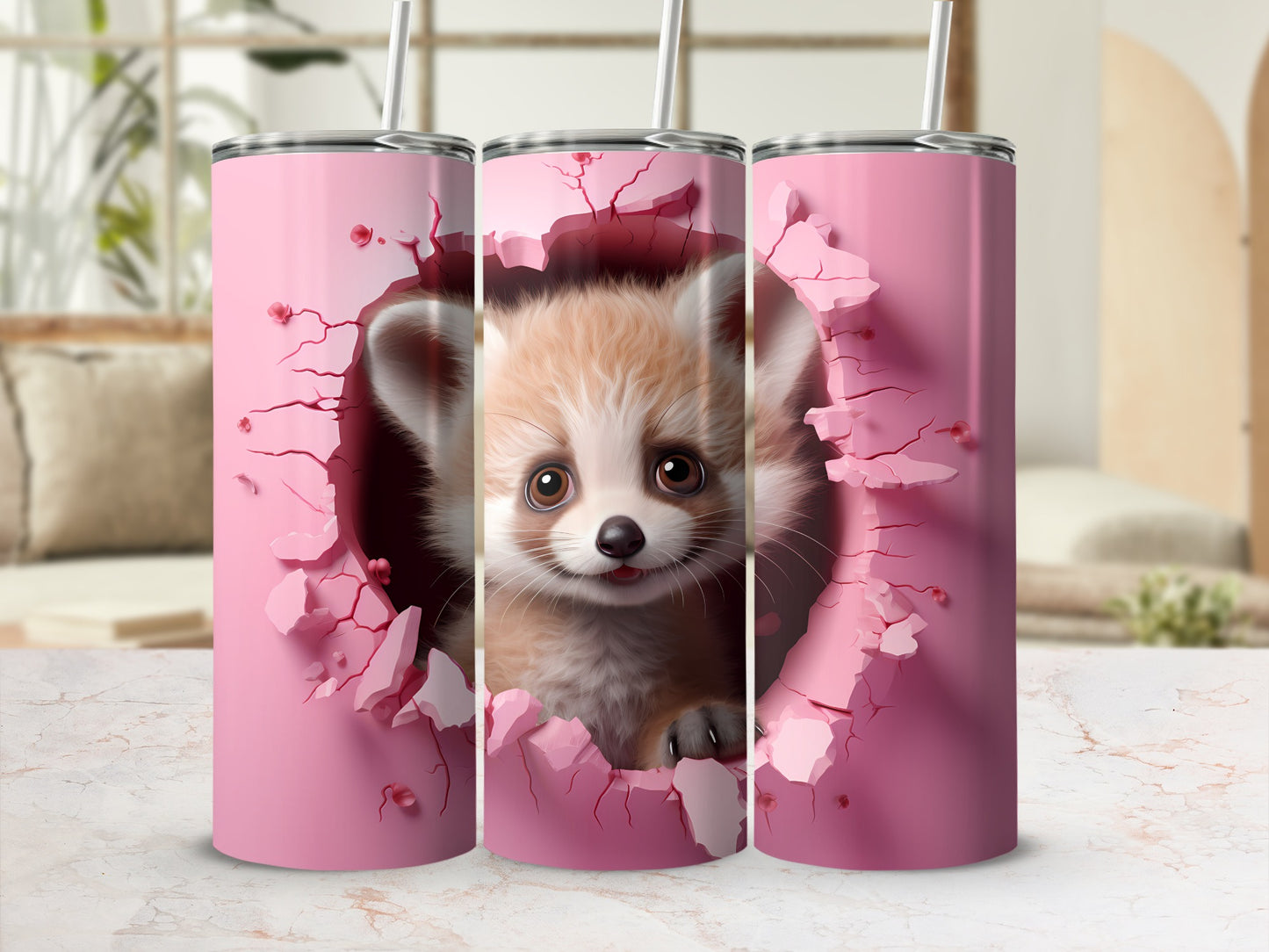 Cute Red Panda Breaking Through Pink Wall Tumbler