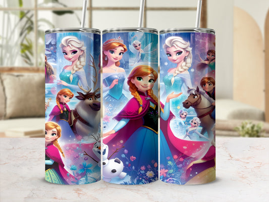 Frozen characters Elsa and Anna on a tumbler with snowflakes and Olaf.