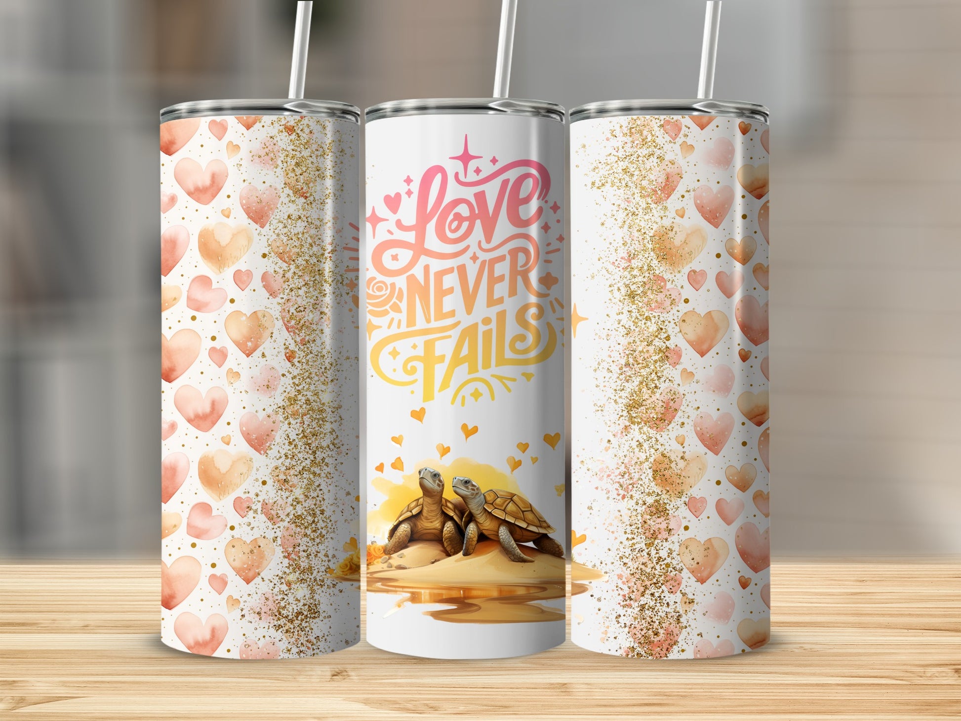 Love Never Fails Turtle Heart Design Tumbler
