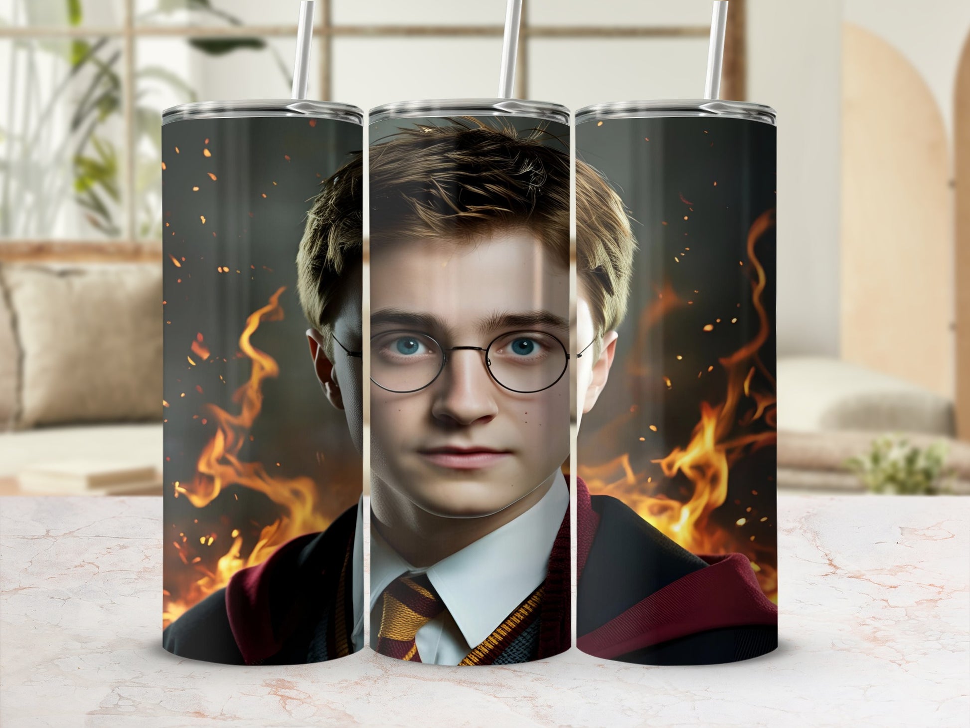 Harry Potter character portrait on a stainless steel tumbler with fire background.