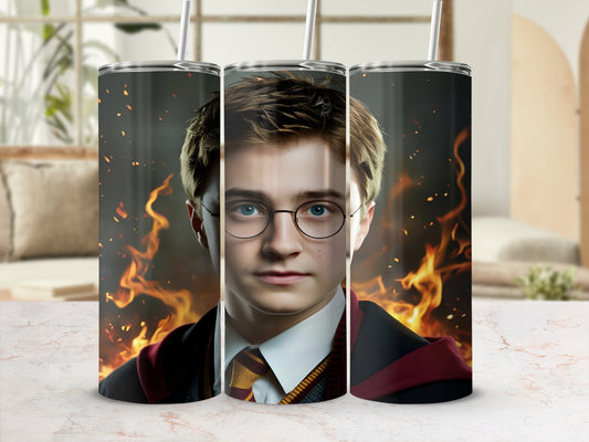 Harry Potter character portrait on a stainless steel tumbler with fire background.
