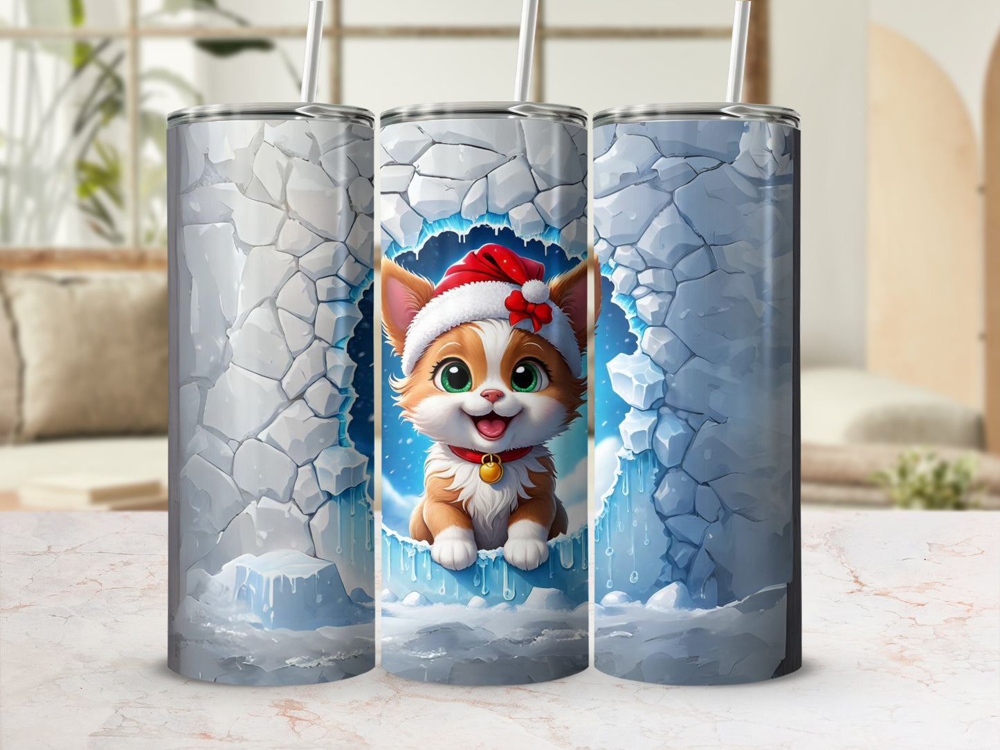 Cute cartoon kitten in Santa hat peeks from icy cave on tumbler.