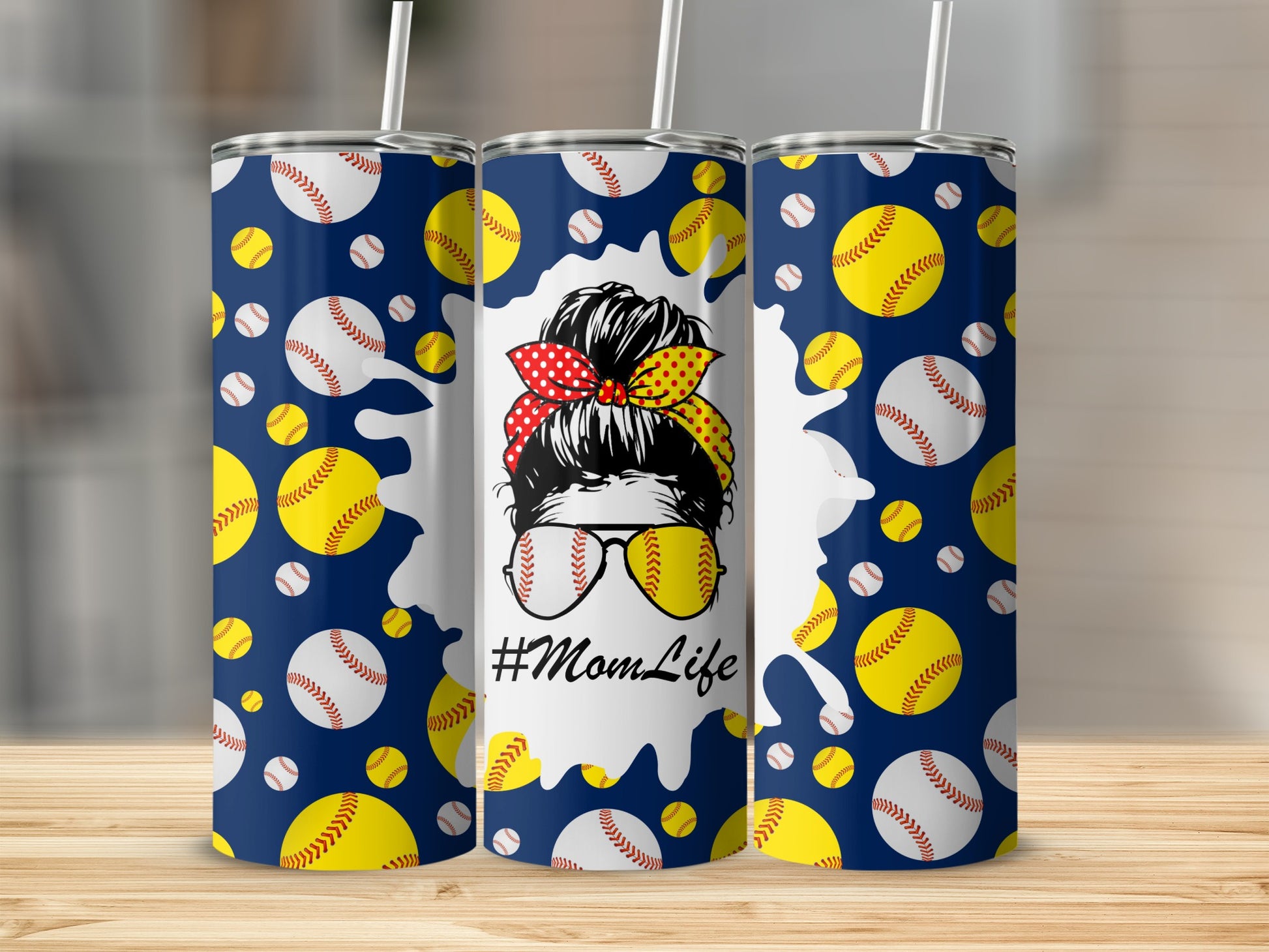 Tall tumbler with softball pattern, messy bun mom graphic, and #MomLife text.
