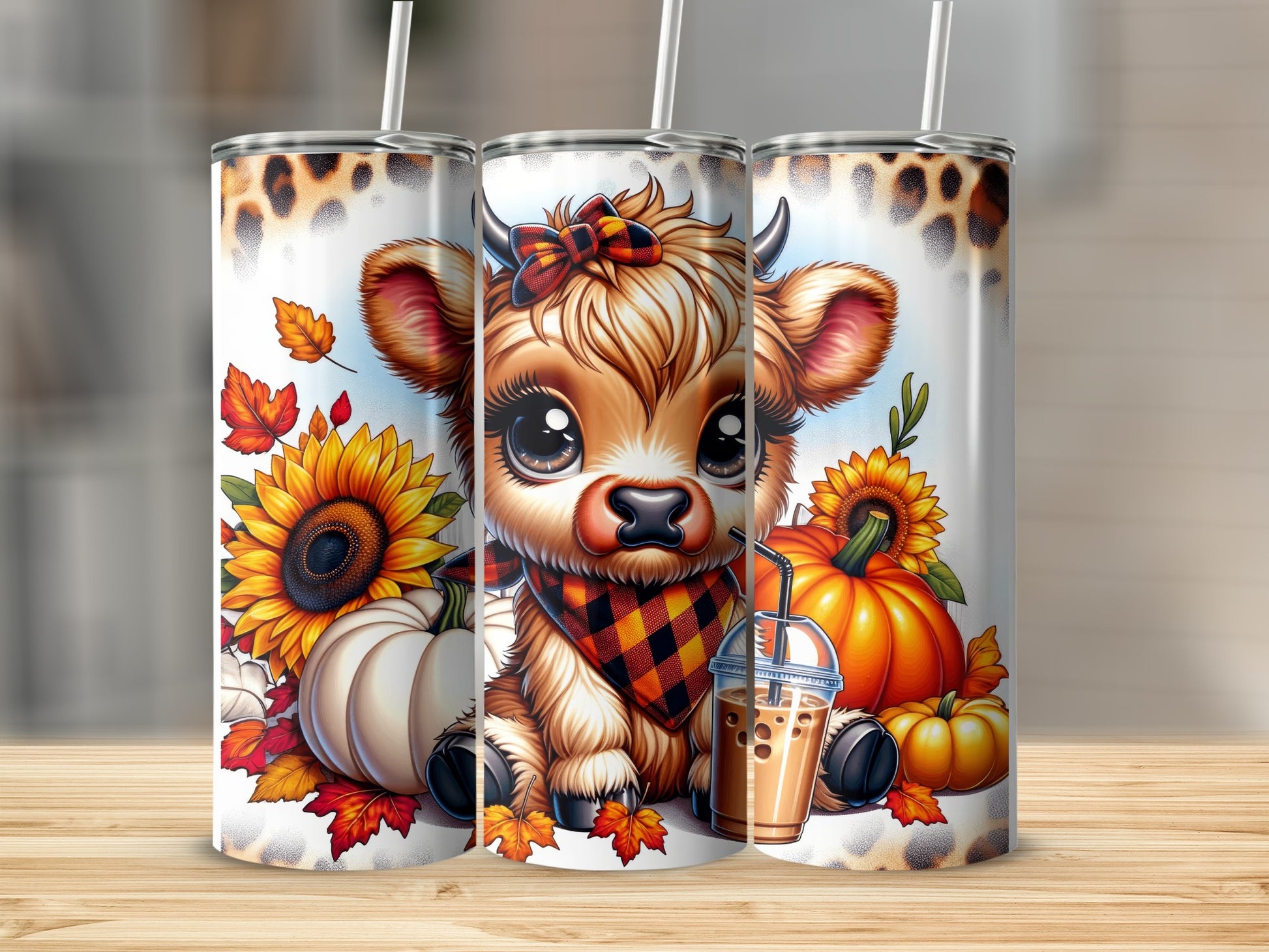 Cute cartoon cow with pumpkins, sunflowers, and fall leaves.