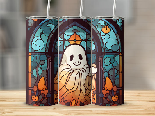 Ghost in stained glass design on a 20oz tumbler.