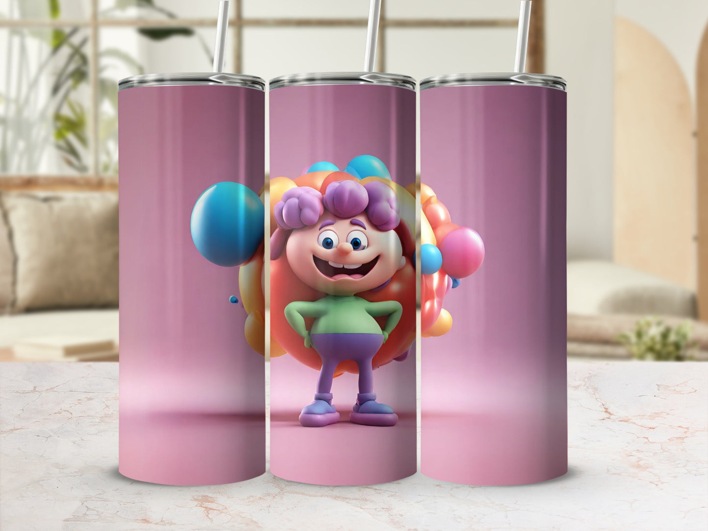 Cute Cartoon Character on Pink Tumbler for Kids