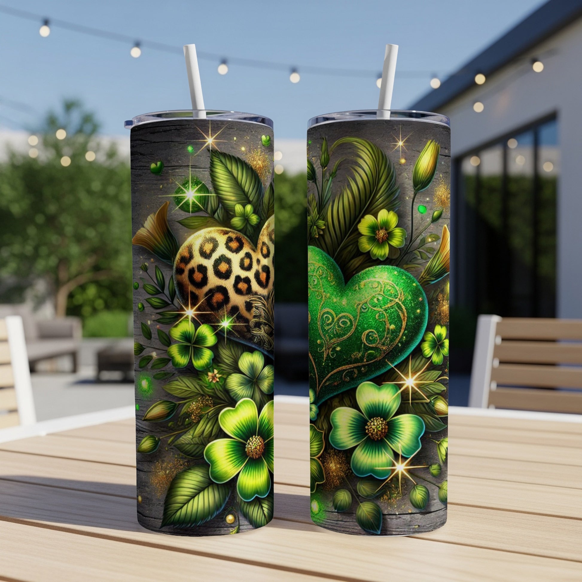 Two green St. Patrick's Day tumblers with shamrocks, glitter, and leopard print accents.