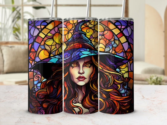 Stained glass witch portrait with colorful, swirling hair.