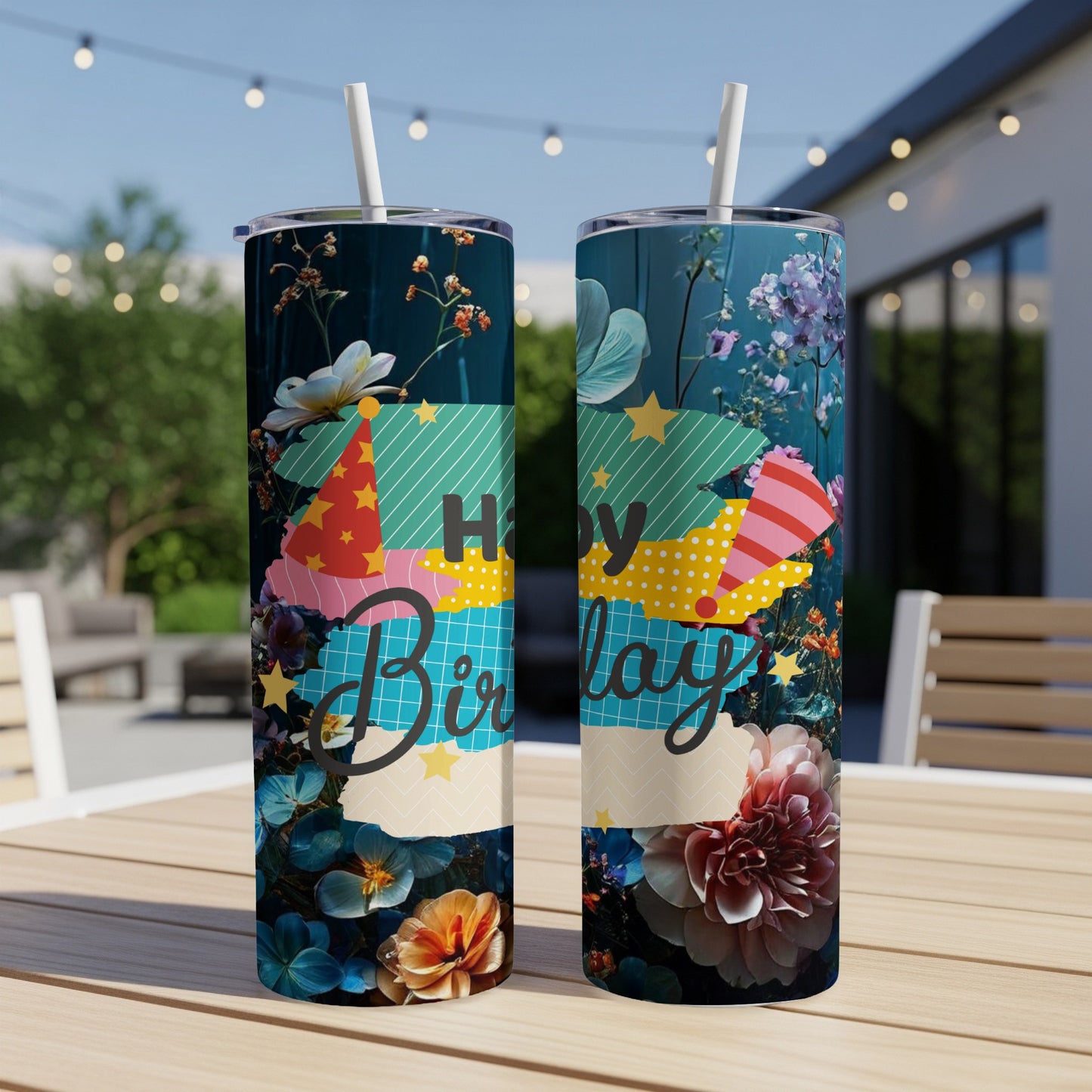 Two tumblers with "Happy Birthday" text and floral pattern.